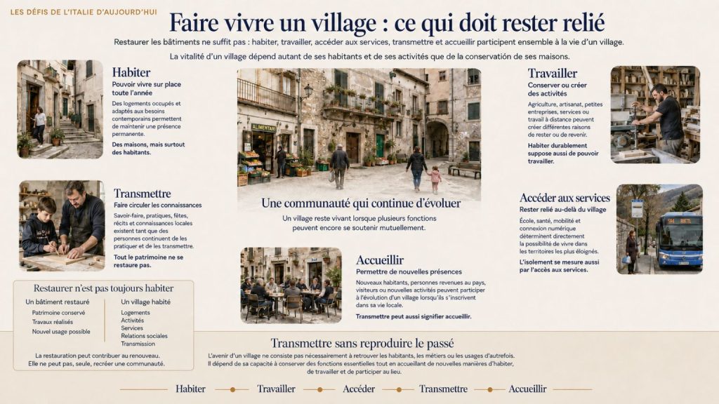 Infographie montrant les cinq dimensions qui contribuent à maintenir la vie d’un village italien : habiter, travailler, accéder aux services, transmettre les savoirs et accueillir de nouvelles présences.