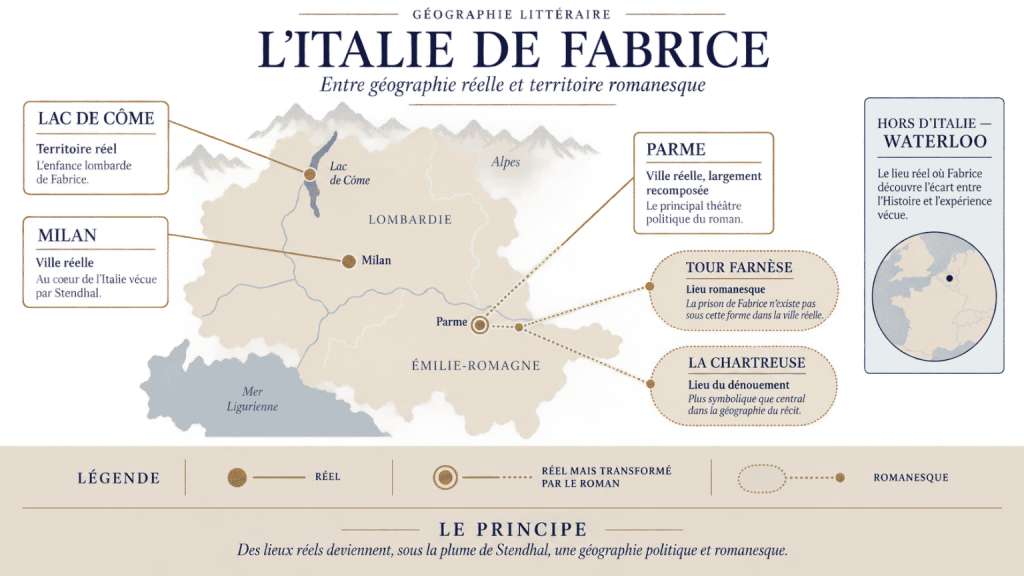 Infographie des lieux de La Chartreuse de Parme, distinguant les territoires réels, transformés et romanesques de Stendhal.