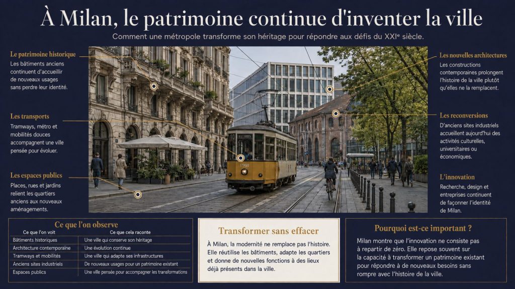 Infographie montrant comment Milan transforme son patrimoine industriel et historique pour accompagner les évolutions urbaines, architecturales et économiques du XXIᵉ siècle.