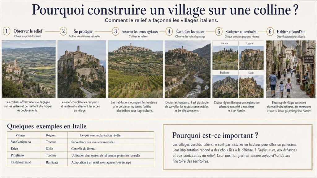 Infographie expliquant pourquoi les villages italiens ont été construits sur les collines.