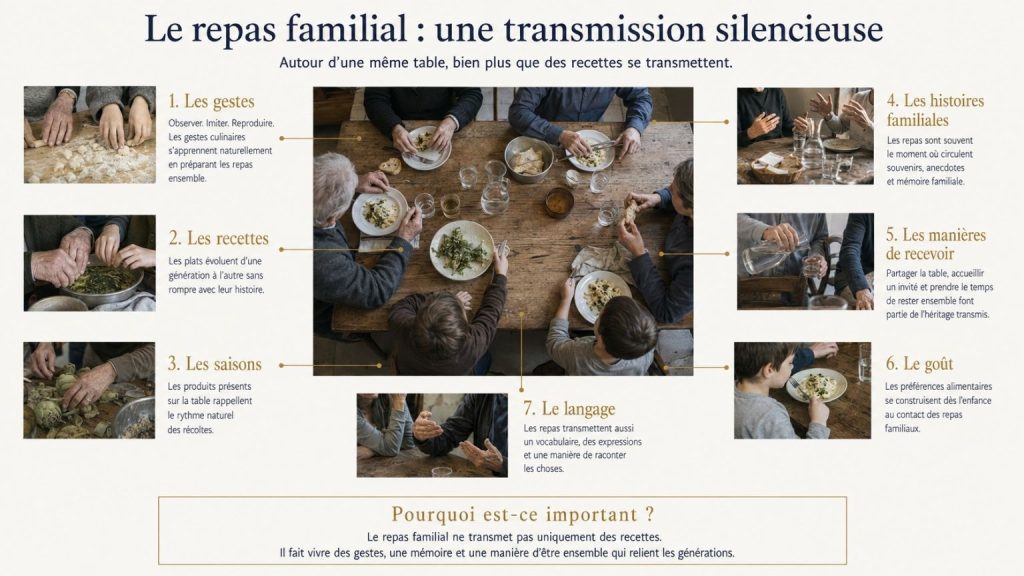 Infographie expliquant comment un repas familial transmet les gestes, les recettes, les saisons, les histoires, le goût, le langage et les manières de recevoir.