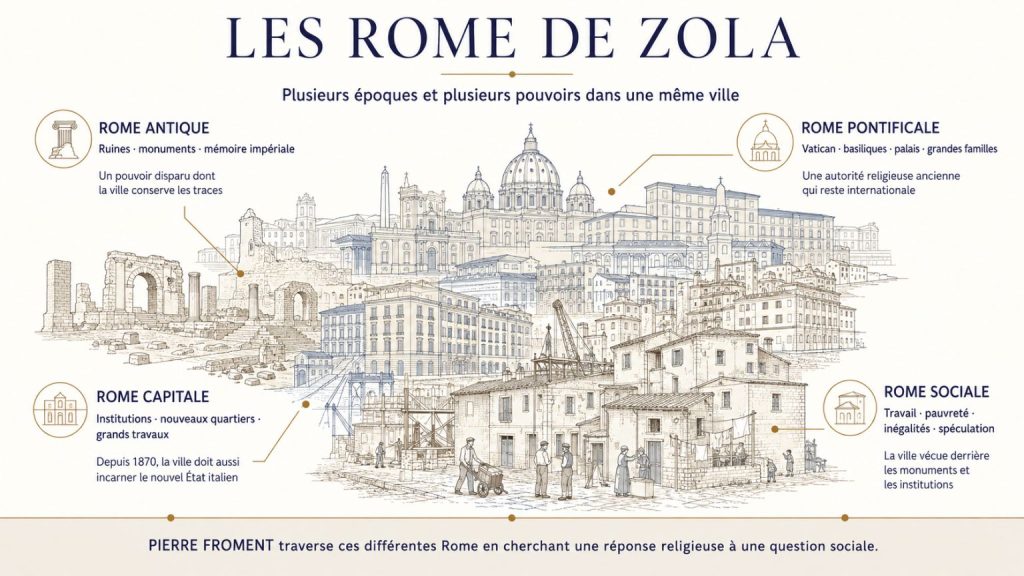 Infographie des quatre Rome observées par Émile Zola : antique, pontificale, capitale italienne et sociale.