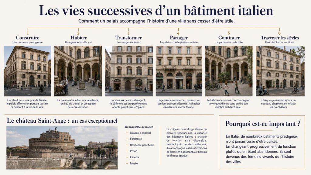 Infographie montrant comment un bâtiment italien peut changer plusieurs fois de fonction au fil des siècles.
