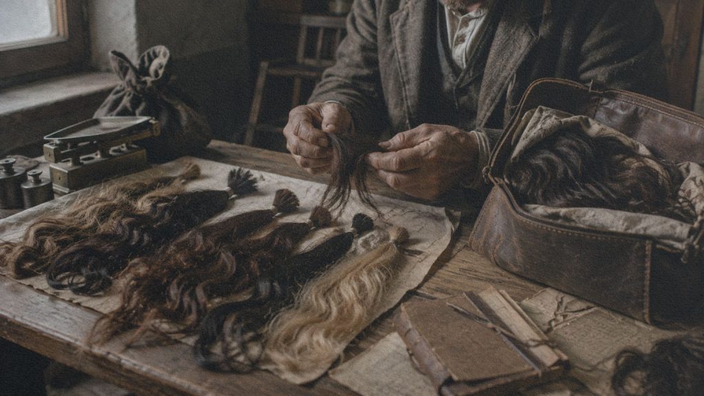 Mains d’un collecteur triant des mèches de cheveux, en évocation du métier de caviè raconté dans L’Inventaire des nuages.