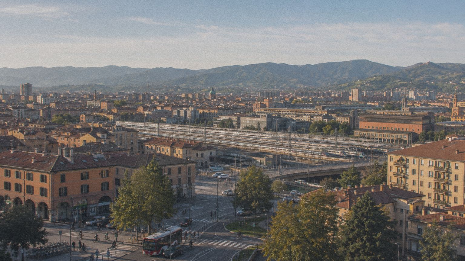 Bologne et son tissu urbain à l’approche des Apennins, point de départ de l’itinéraire vers Florence et Rome.