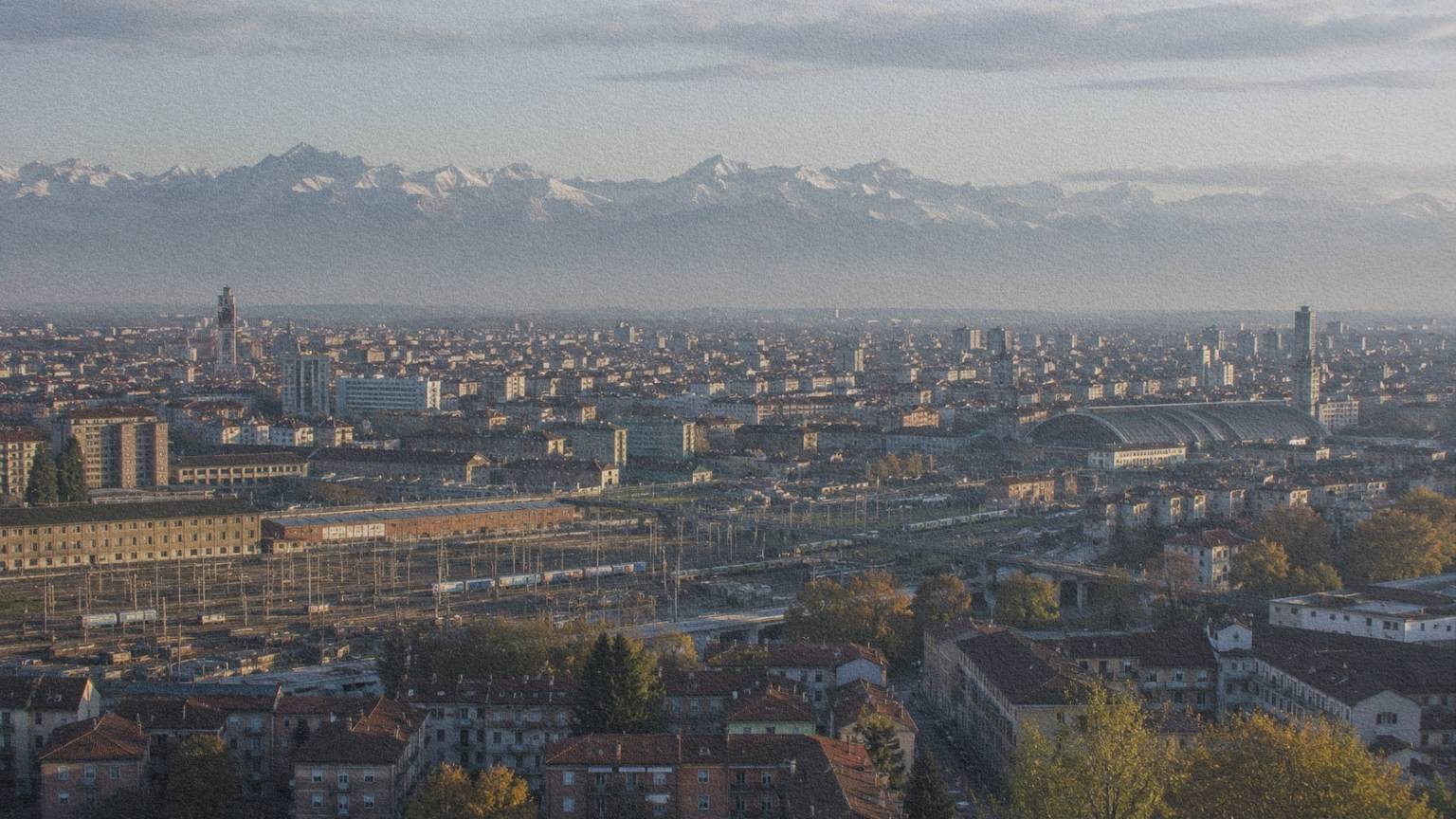 Turin et son tissu urbain au pied des Alpes, point de départ de l’itinéraire vers Milan et Bologne