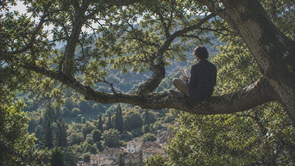 Personne lisant sur une large branche d’arbre, en écho à la vie de Côme dans Le Baron perché.