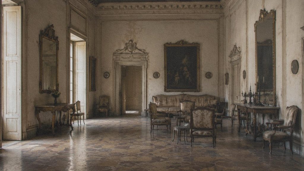 Salon ancien d’un palais sicilien évoquant le passage du temps et la disparition du monde aristocratique dans Le Guépard.