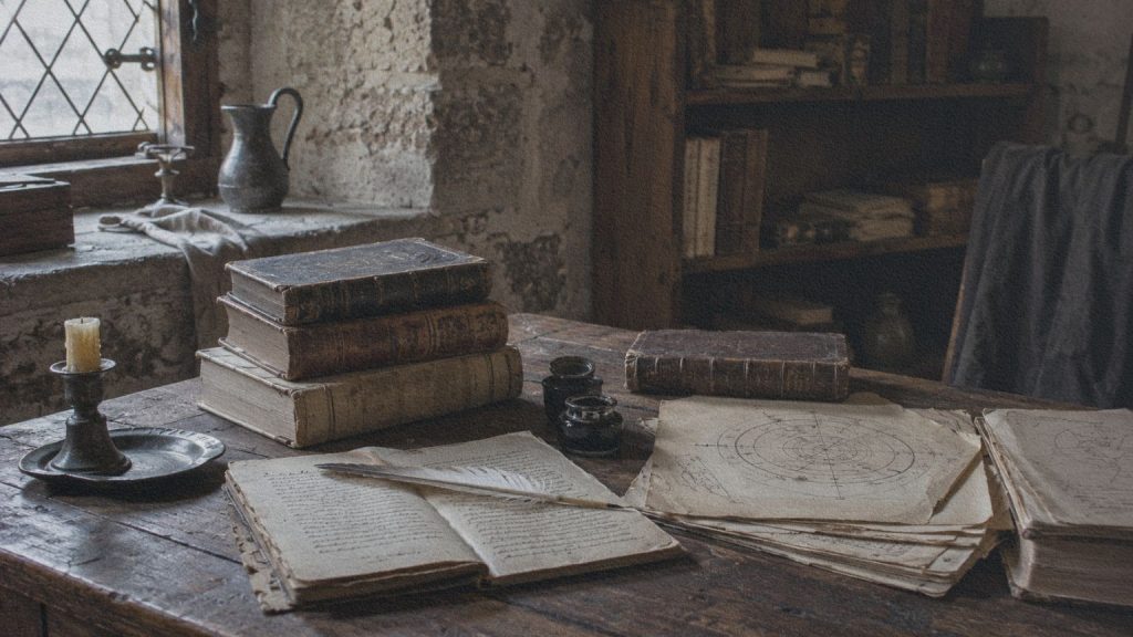 Livres, manuscrits et matériel d’étude dans un environnement du XVIIe siècle, en écho au rôle du savoir dans Le Paradis caché.