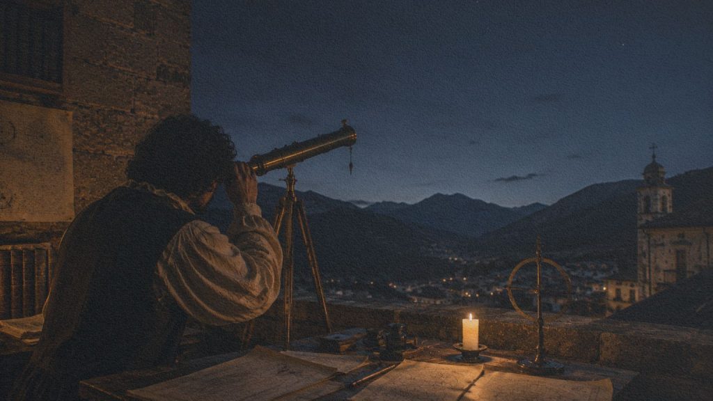 Observation du ciel avec un instrument du XVIIe siècle, évoquant le contexte scientifique de 1633 dans Le Paradis caché.
