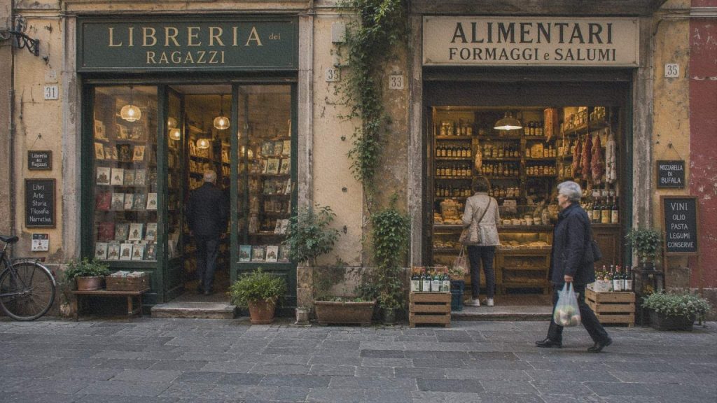 Une librairie et une épicerie indépendante dans une rue d'un centre historique italien.