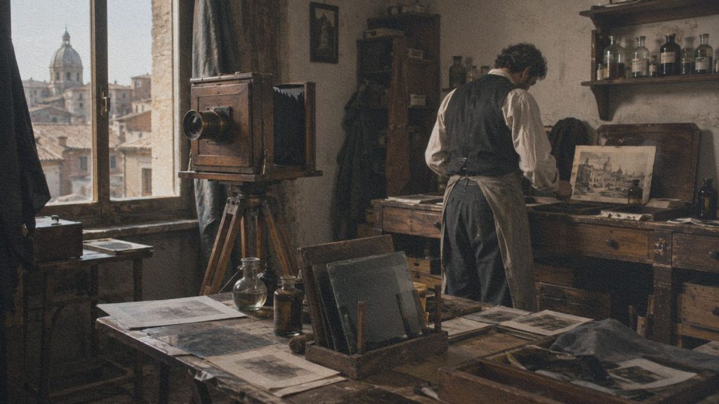 Atelier de photographie vers 1870 avec appareil sur trépied et plaques photographiques, évoquant le regard de Pietro dans Mamma Roma.