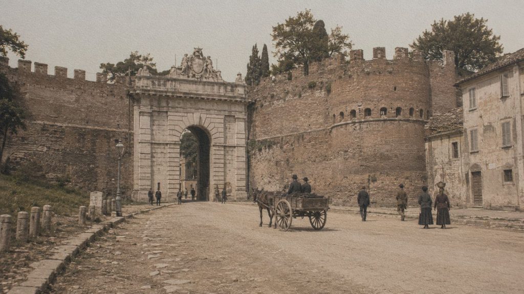 Porta Pia et les murailles de Rome vers 1870, lieu associé à l’entrée des troupes italiennes dans la ville le 20 septembre.