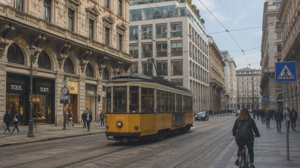 Un tramway historique circulant devant des immeubles anciens et contemporains dans le centre de Milan.