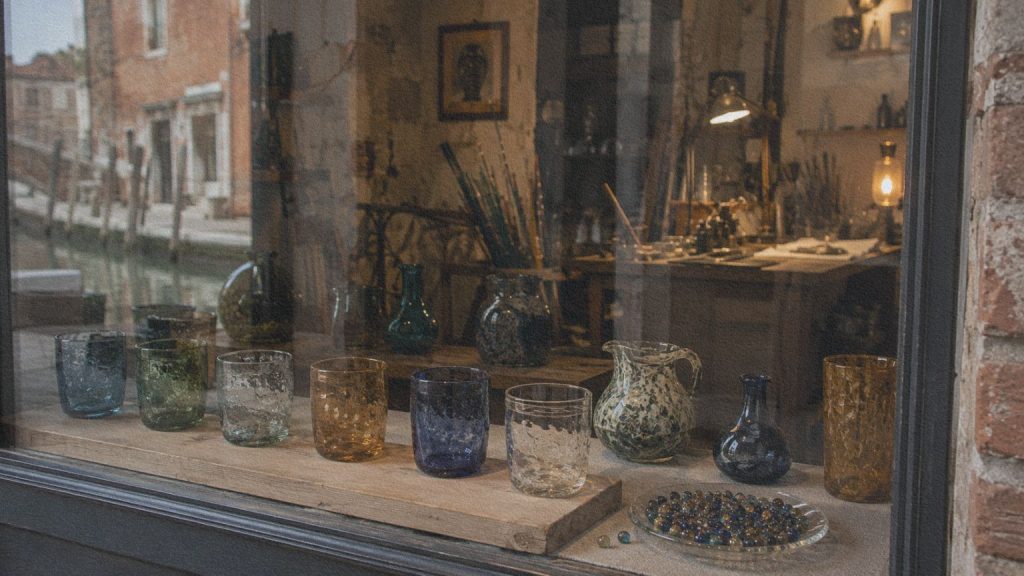 Vitrine d’une boutique de verre à Murano, observée après la découverte des ateliers et du travail artisanal de l’île.