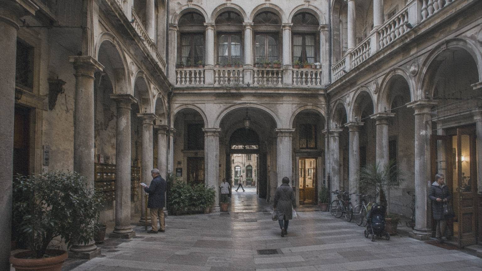 La cour intérieure d'un palais italien où des habitants entrent et sortent de leurs appartements.