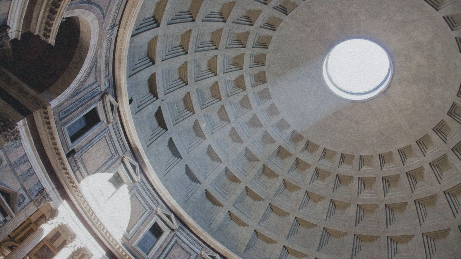 Intérieur du Panthéon de Rome et sa coupole reconstruite sous le règne de l’empereur Hadrien.