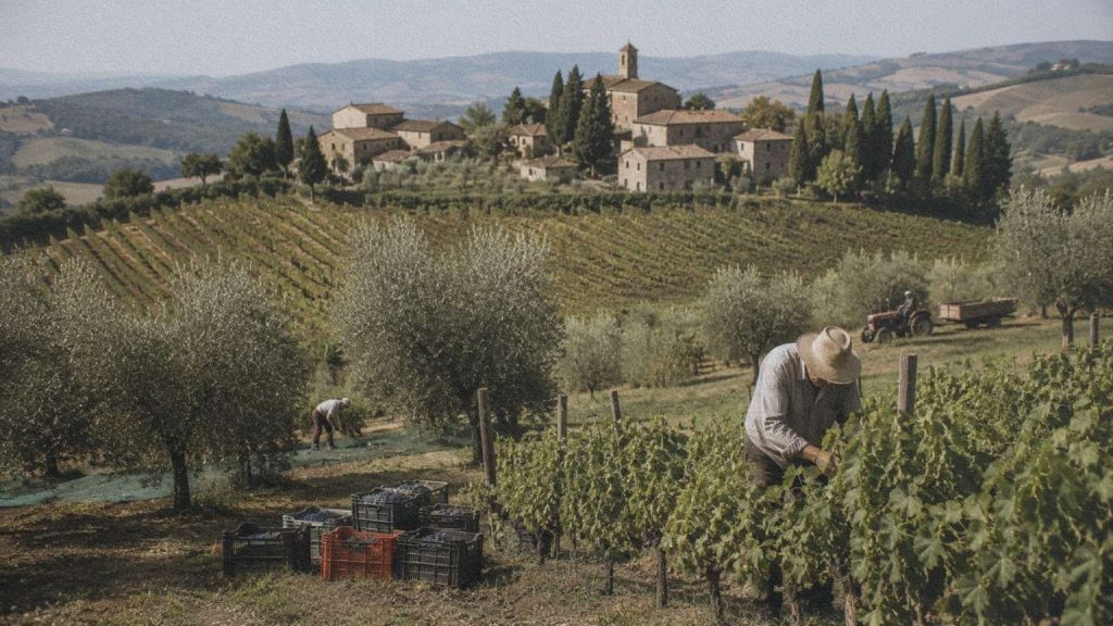 Des oliveraies, des vignobles et des cultures agricoles façonnent le paysage d'une région italienne.