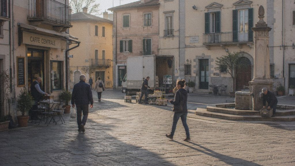 Place italienne le matin avec habitants, commerces ouverts et activité quotidienne avant l'arrivée des principaux visiteurs.
