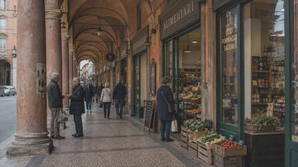 Des commerces de proximité installés sous les arcades de Bologne.