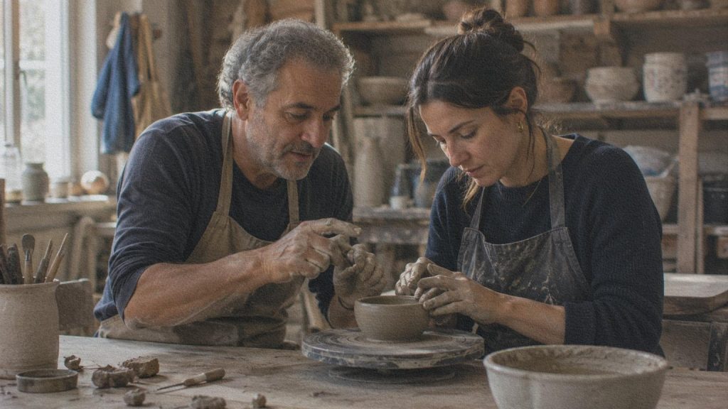 Un artisan montre un geste technique à une personne en apprentissage dans un atelier italien.