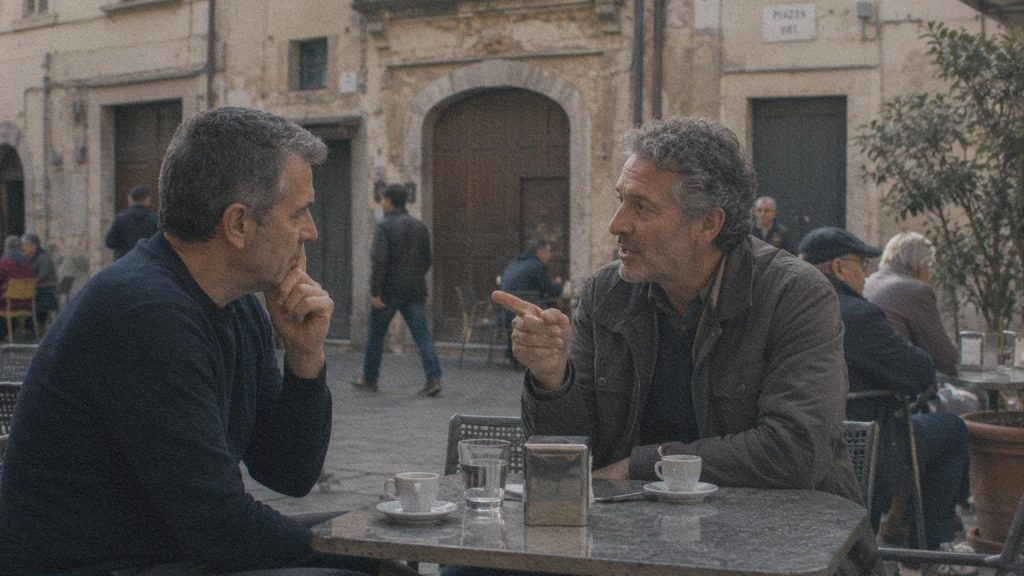 Deux personnes discutent dans un café de quartier italien, au milieu de la vie quotidienne.