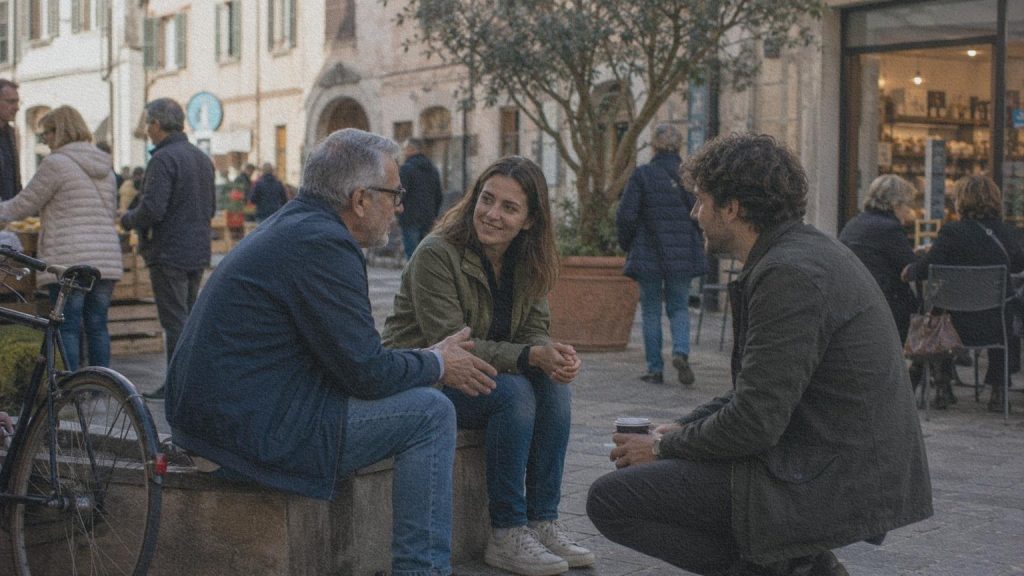 Des personnes de générations différentes discutent dans un espace public d’une ville italienne contemporaine.