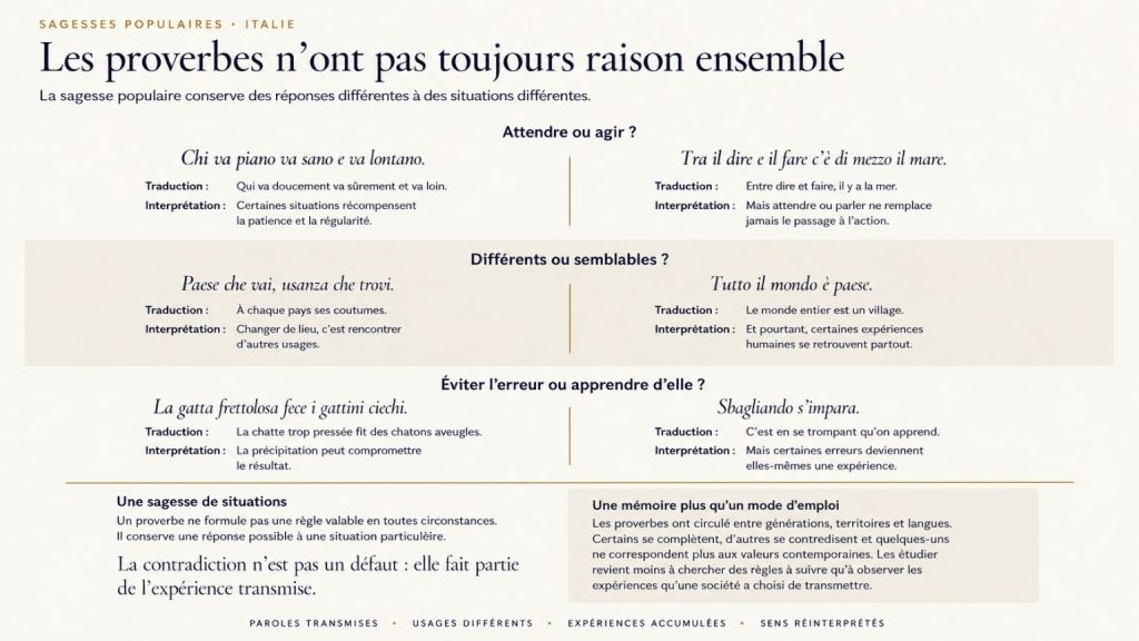 Infographie comparant des proverbes italiens sur le temps, les territoires et l’apprentissage pour montrer que la sagesse populaire peut proposer des réponses différentes selon les situations.