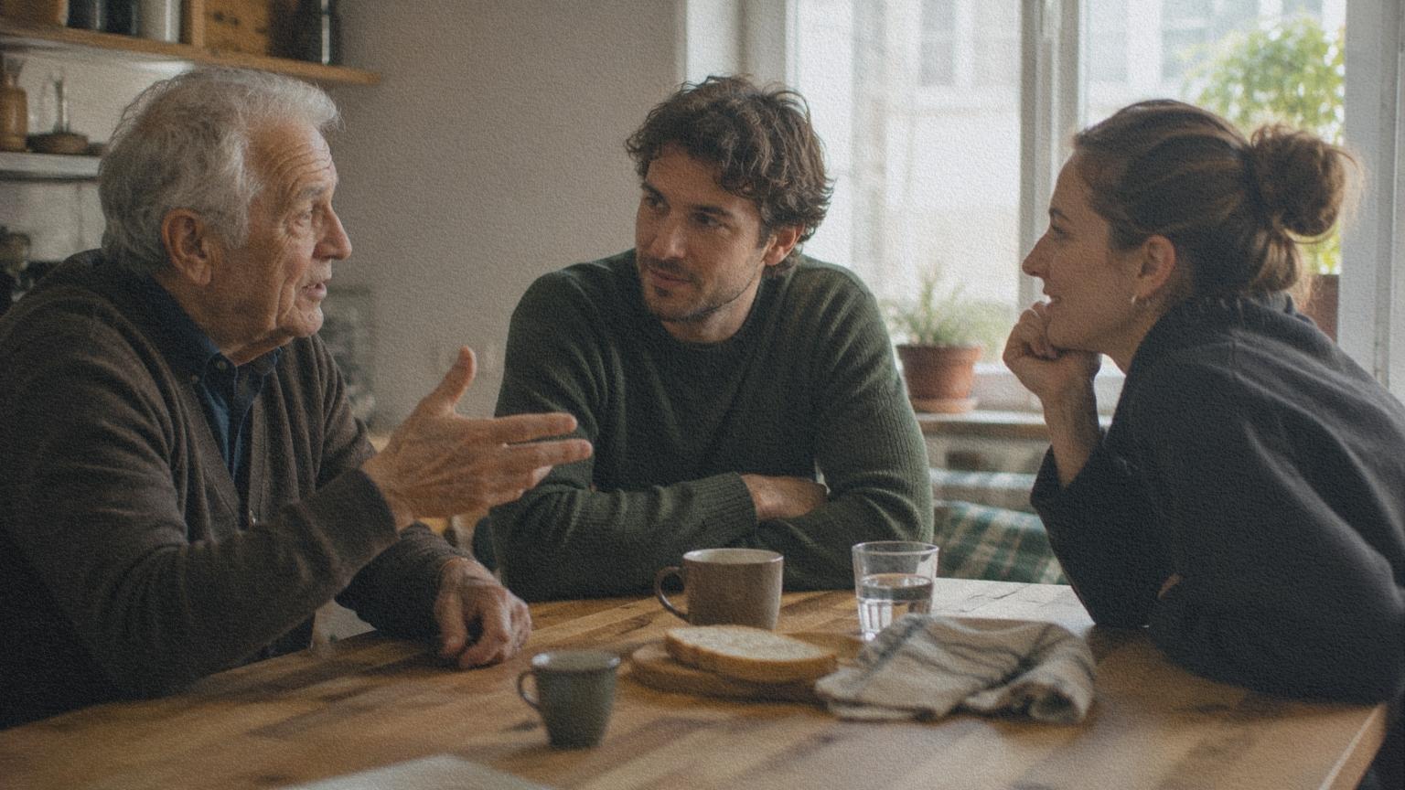 Trois générations échangent autour d’une table dans un intérieur italien contemporain.