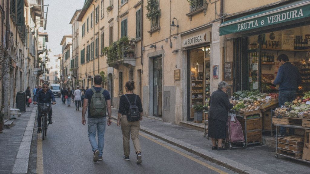 Voyageurs marchant dans un quartier italien habité avec commerces de proximité et vie quotidienne.