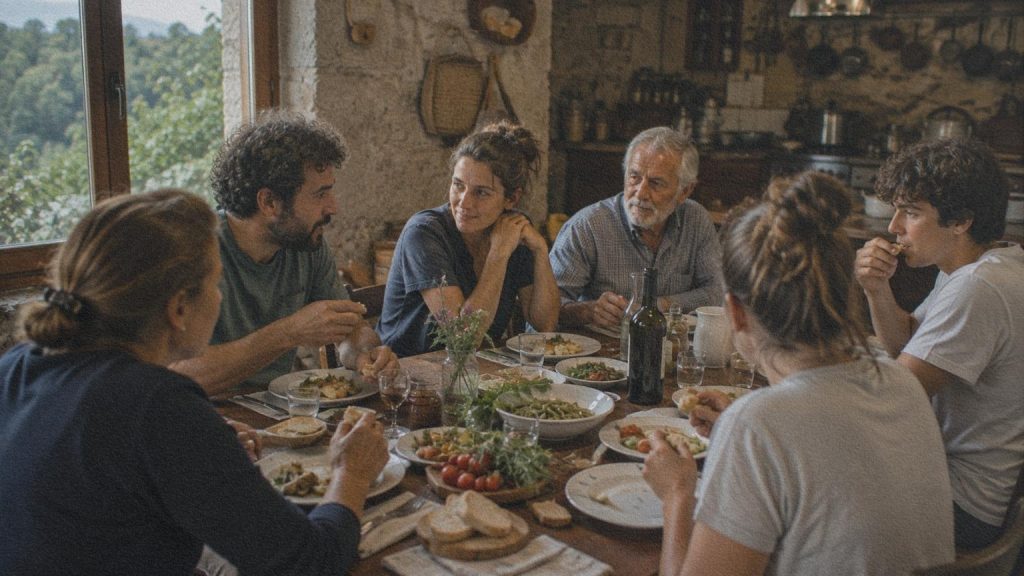Des habitants partagent un repas préparé avec des produits régionaux italiens.