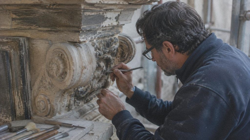 Artisan spécialisé intervenant sur un élément architectural ancien lors de la restauration d'un bâtiment italien.