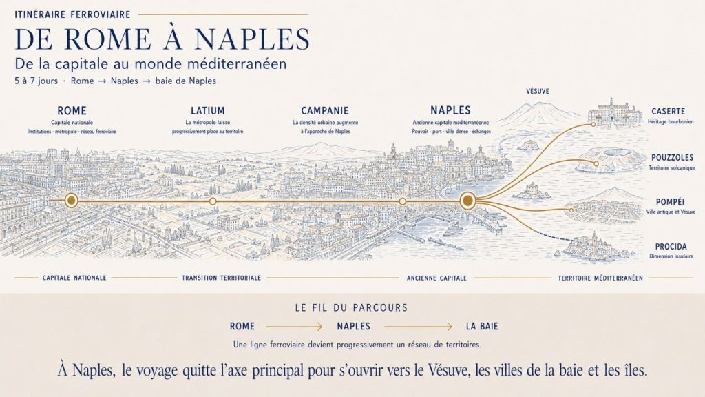 Infographie de l’itinéraire ferroviaire de Rome à Naples puis vers Pouzzoles, Caserte, Pompéi et Procida autour de la baie de Naples.