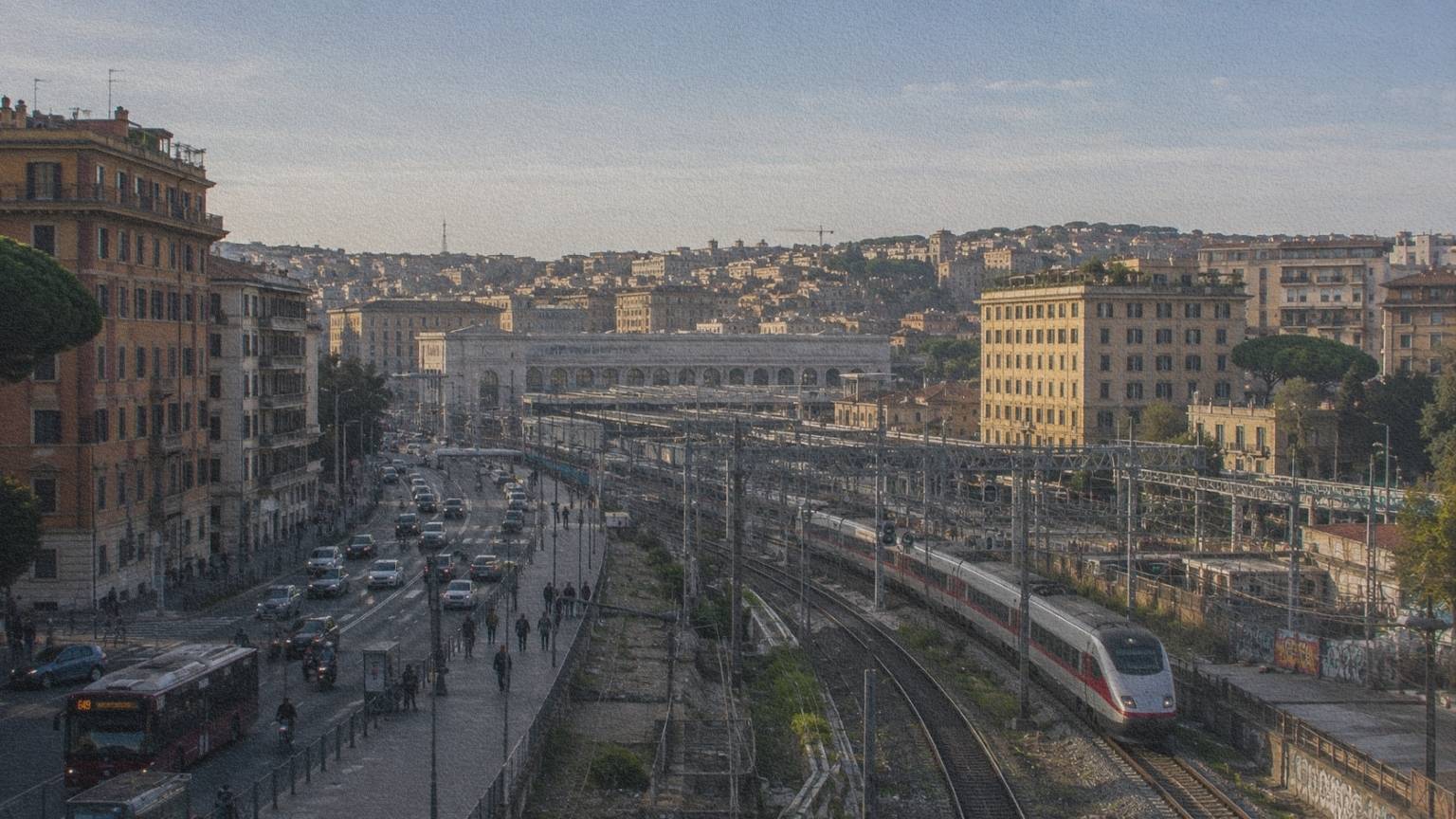 Réseau ferroviaire intégré au paysage urbain de Rome au départ d’un voyage vers Naples.