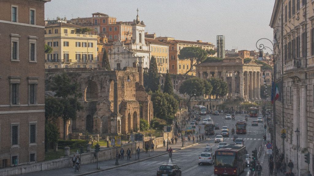 Paysage urbain de Rome mêlant bâtiments historiques, rues contemporaines et vie quotidienne.