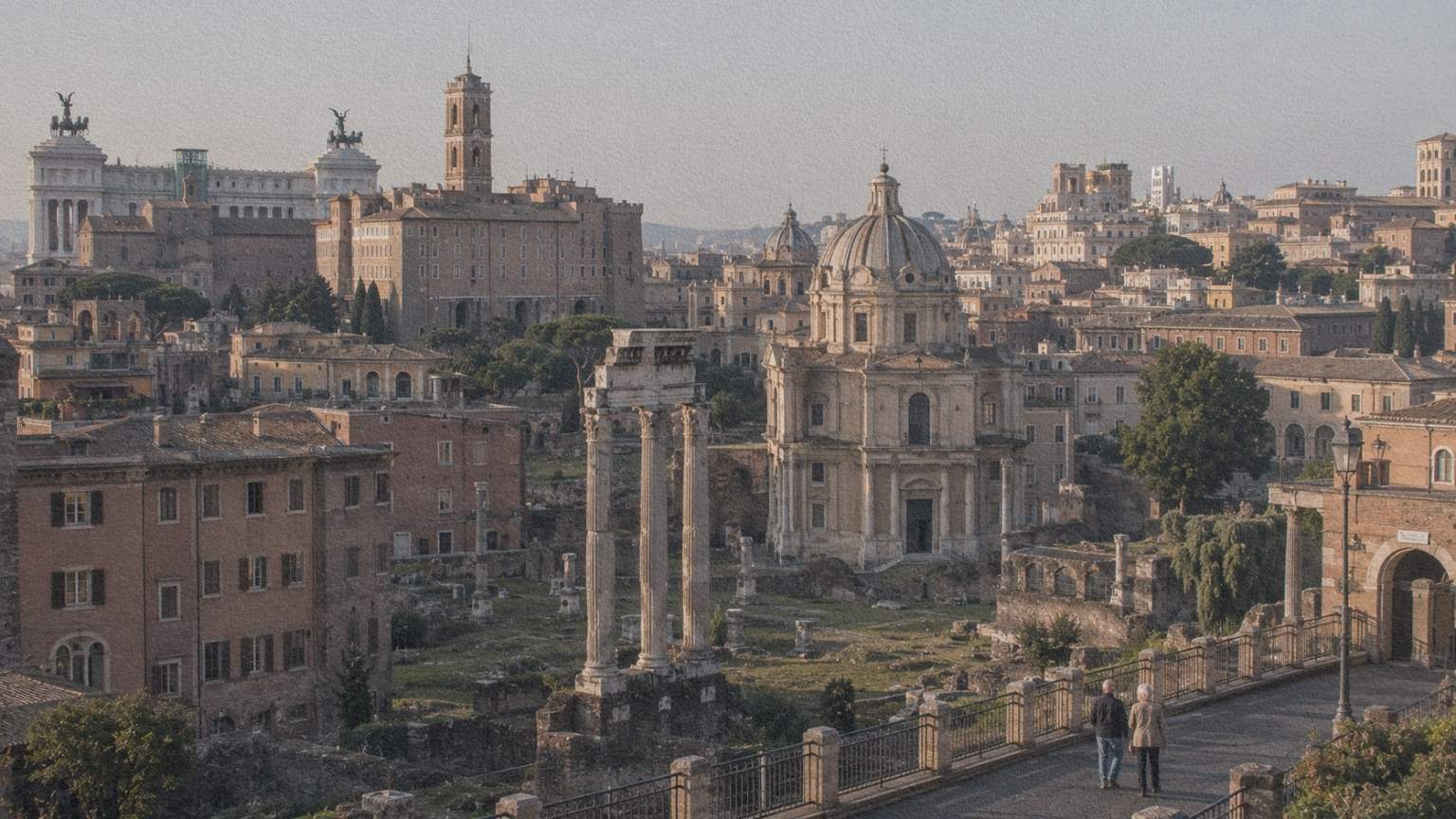Italie-rome-superposition-epoques Vue de Rome où un monument antique, un palais Renaissance et des immeubles habités coexistent dans le paysage urbain.
