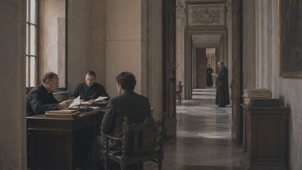 Antichambre ecclésiastique à Rome à la fin du XIXe siècle, évoquant les intermédiaires du Vatican rencontrés par Pierre Froment.