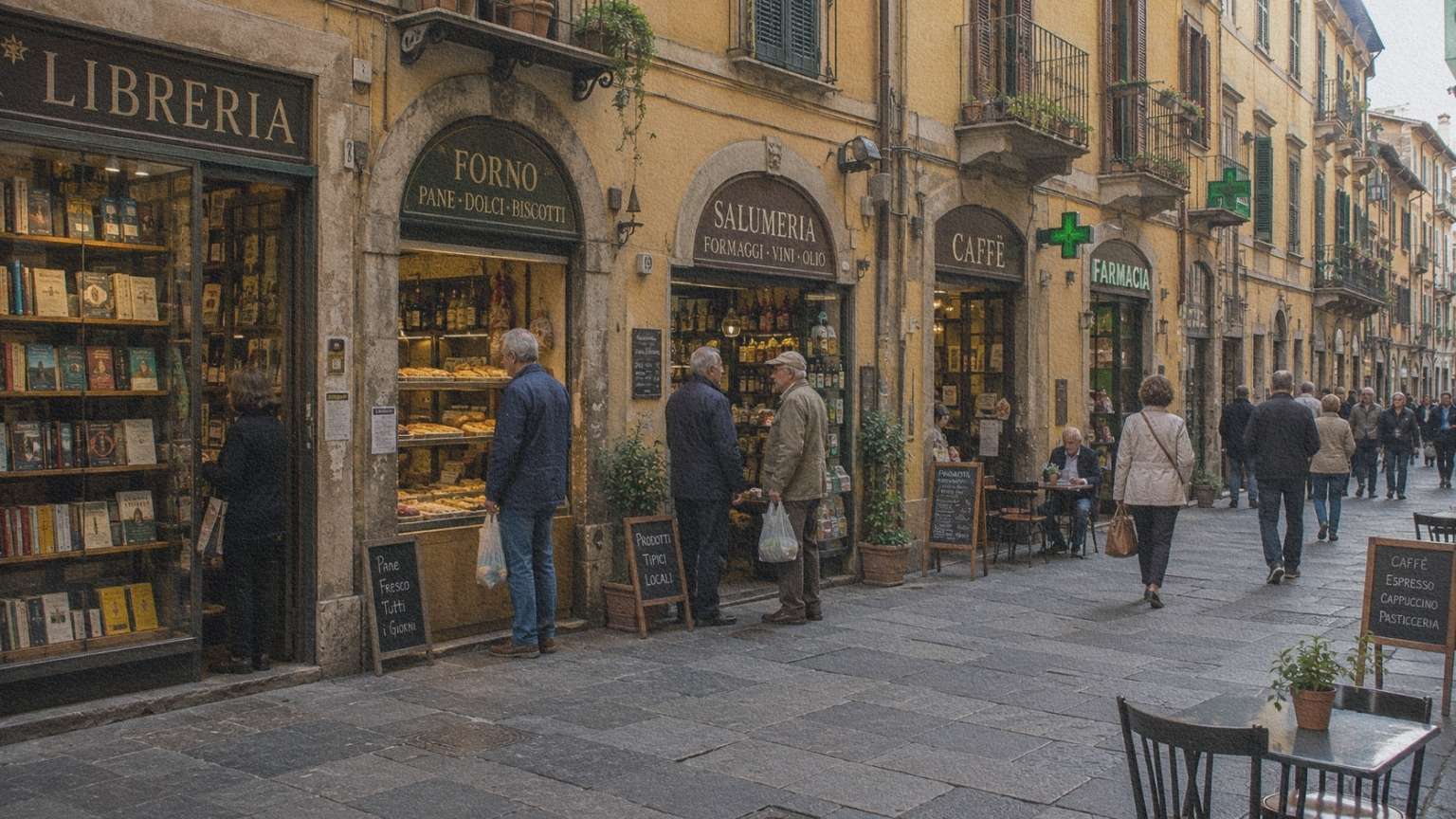 Une rue commerçante d'un centre historique italien avec plusieurs commerces indépendants installés dans des bâtiments anciens.