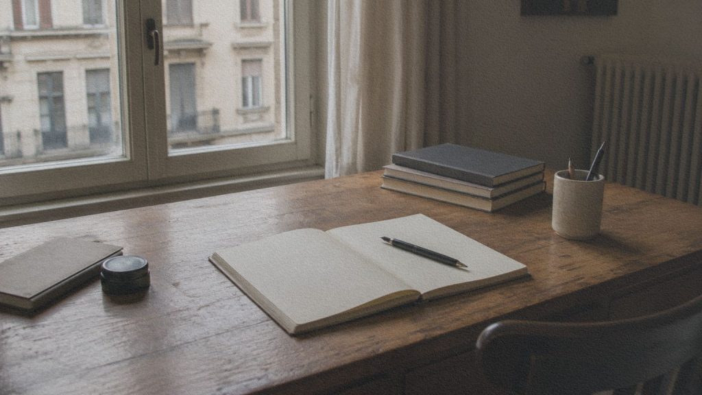 Table de travail évoquant l’écriture et la transmission au cœur de l’œuvre de Primo Levi.