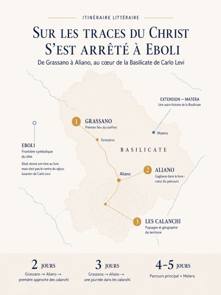 Carte de l’itinéraire sur les traces du Christ s’est arrêté à Eboli, reliant Grassano, Aliano et les calanchi en Basilicate, avec Eboli comme repère symbolique.