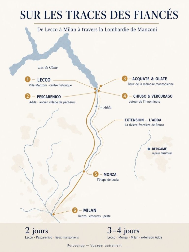 Carte de l’itinéraire sur les traces des Fiancés en Lombardie, de Lecco et Pescarenico à Monza et Milan.