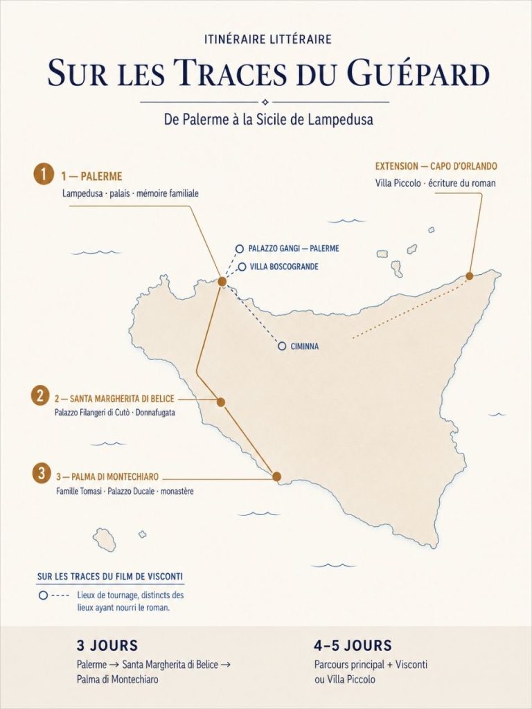 Carte de l’itinéraire sur les traces du Guépard en Sicile, reliant Palerme, Santa Margherita di Belice et Palma di Montechiaro.