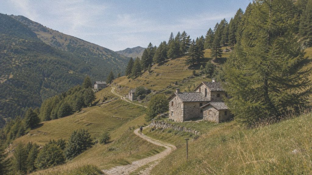 Borgata d’Elva dans le Val Maira, avec maisons dispersées, prairies et chemins de montagne.