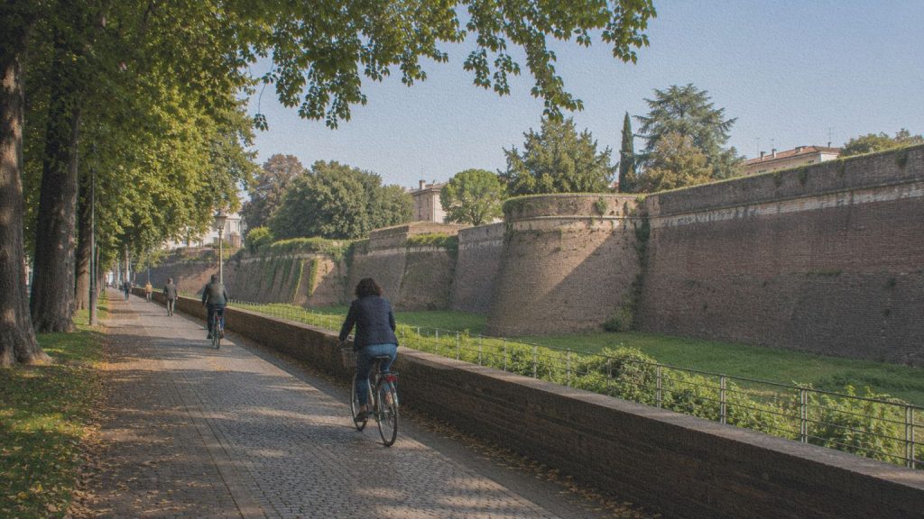 Cyclistes le long des remparts de Ferrare, manière de relier les lieux de la ville de Giorgio Bassani.