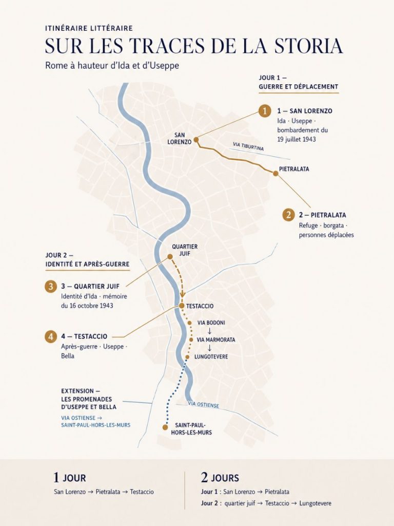 Carte de la Rome de La Storia, reliant San Lorenzo, Pietralata, le quartier juif et Testaccio sur les traces d’Ida et d’Useppe.
