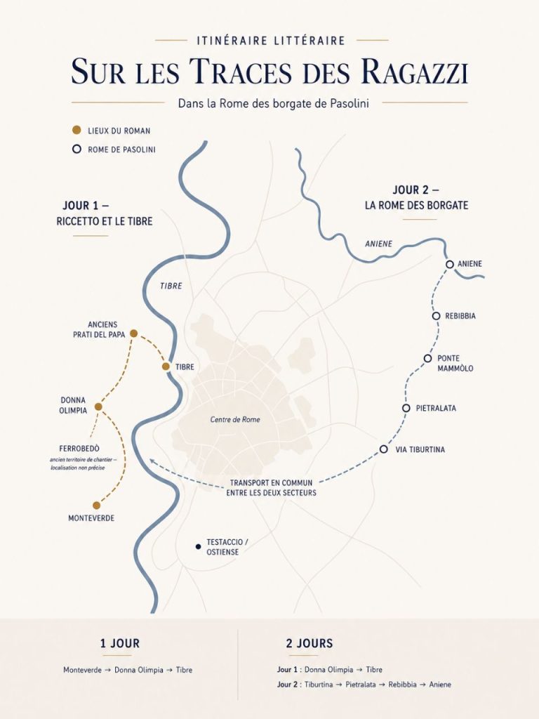 Carte de l’itinéraire des Ragazzi à Rome, de Donna Olimpia et du Tibre aux borgate de Pietralata et Rebibbia jusqu’à l’Aniene.