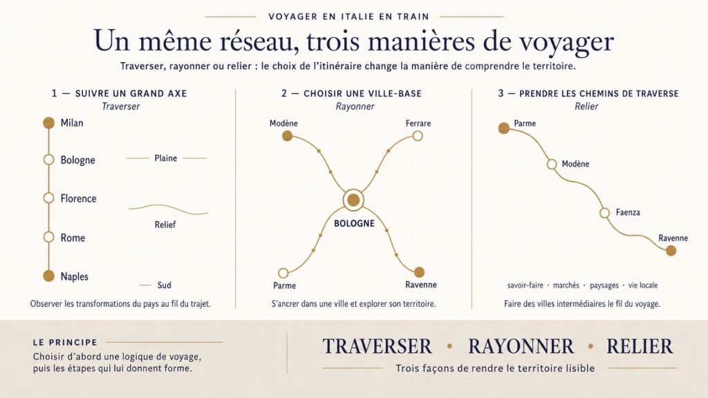 Infographie présentant trois façons de voyager en Italie en train : suivre un grand axe, rayonner depuis une ville-base ou relier des villes intermédiaires