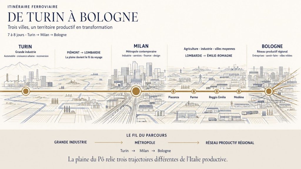 Infographie de l’itinéraire ferroviaire Turin, Milan et Bologne à travers la plaine du Pô et ses villes productives