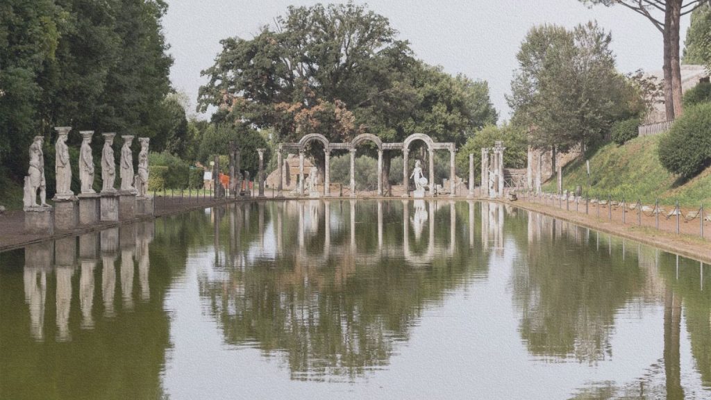 Canopus de la Villa Adriana à Tivoli, bassin monumental associé aux références égyptiennes de la résidence d’Hadrien.