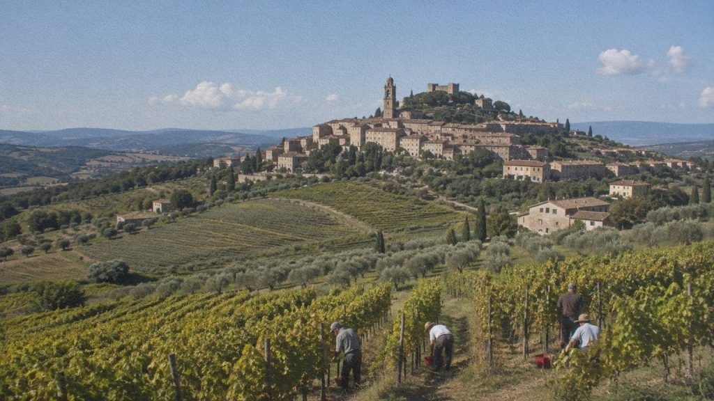Un village perché entouré de vignobles et d'oliveraies en Toscane.